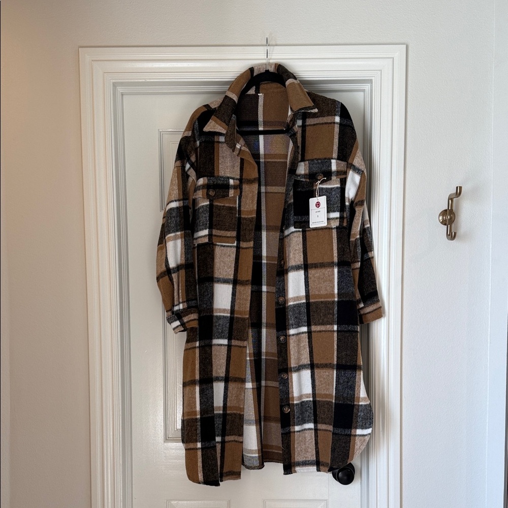 Plaid Shirt Jacket in Black, White, and Tan